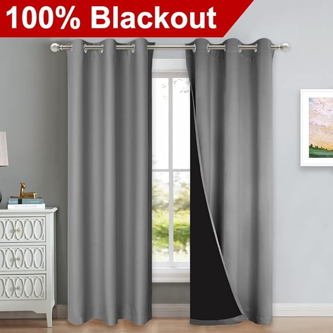 NICETOWN Silver Grey Full Shade Curtain Panels, Pair of Thermal Insulated & Energy Efficiency Blackout Curtains for Living Room Windows, Lined Silky Performance Window Dressing (42" Wide x 84" Long) - Image 2