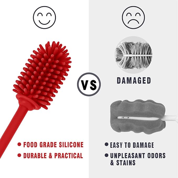 Silicone Bottle Cleaning Brush with Long Handle, BPA Free 12.5" Water Bottle Cleaner for Baby Bottles, Hydro Flask, Sports Bottle, Vase, Glassware, Perfect for Smaller Diameter Bottle Openings (Red) - Image 3