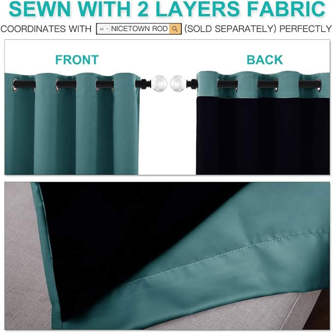 NICETOWN 100% Blackout Curtain Panels, Thermal Insulated Black Liner Curtains for Nursery Room, Noise Reducing and Cold Blocking Drapes for Windows (Set of 2, Sea Teal, 42-inch Wide x 63-inch Long) - Image 5