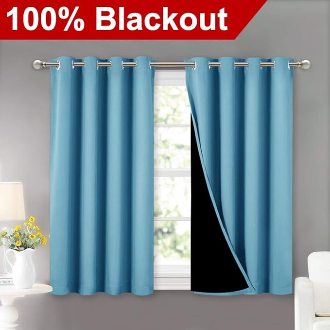 NICETOWN 100% Blackout Short Curtains with Black Liners, Thermal Insulated Full Blackout Lined Drapes, Energy Efficiency Window Draperies for Boy's Room (Teal Blue, 2 Panels, 52-inch W by 45-inch L) - Image 2