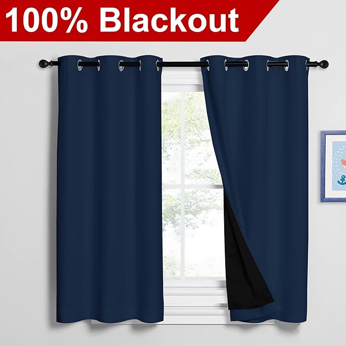 NICETOWN 100% Blackout Curtains with Black Liners, Thermal Insulated 2-Layer Lined Drapes, Energy Efficiency Small Window Draperies for Dining Room (Navy Blue, 2 Panels, 42 inches W by 54 inches L) - Image 2