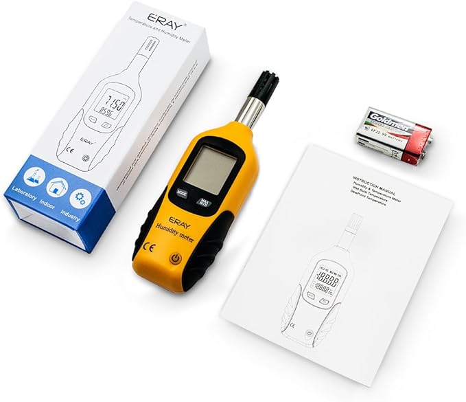 Digital Psychrometer Thermometer Hygrometer with Backlight, ERAY Temperature and Humidity Reader Meter Thermo-Hygrometer with Dew Point and Wet Bulb Temperature, 9V Battery Included(Yellow) - Image 6