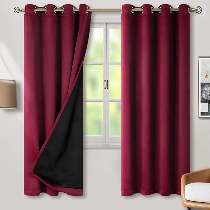BGment Thermal Insulated 100% Blackout Curtains 72 Inch Length 2 Panels, Total Light Blocking Curtains for Bedroom, Grommet Window Drapes with Thick Black Liner, 52 Inch Wide Each Panel, Burgundy Red by BGment
