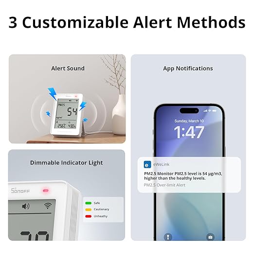 SONOFF Smart Indoor Air Quality Monitor with PM2.5, PM10, Temperature & Humidity Sensor, Real-Time Display & Alarm, Matter-Compatible, 2.4GHz WiFi, 3.73-inch Screen, for Bedroom, Nusery Room - Image 5