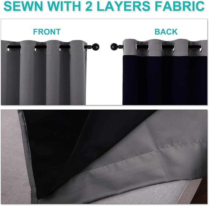 NICETOWN 100% Blackout Short Curtains with Black Liners, 2 Panels, 37" W by 40" L, Grey, Solid Thermal Insulated Full Blackout 2-Layer Lined Drapes, Energy Efficiency Window Draperies for Bedroom - Image 5