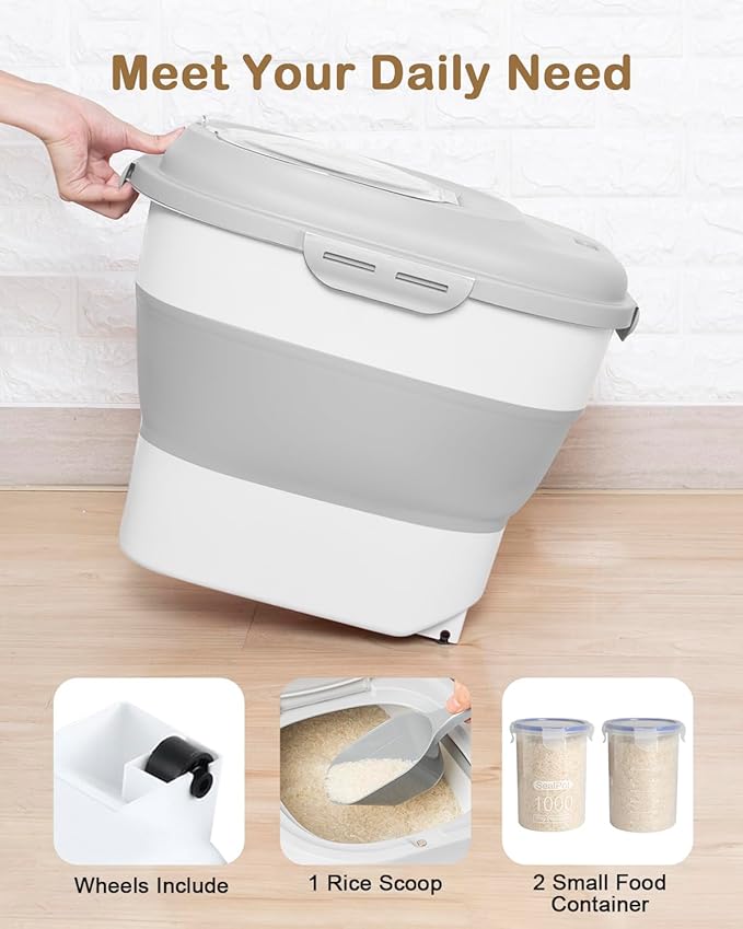 20-50 Lbs Food Storage Container With Wheel, Airtight Locking Lid, Collapsible Rice Container, Flour Storage With Small Container and Scoop, Suitable for Pet Food - Image 4