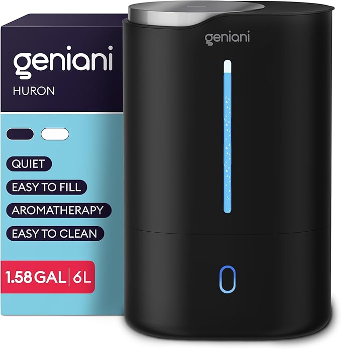 Top Fill Humidifier with Essential Oil Diffuser 6L for Home, Baby, Bedroom, Large Room & Indoor Plants, Cool Mist Ultrasonic Quiet Air Humidifiers, Automatic Humidity Control, Night Light (6L, Black) by GENIANI