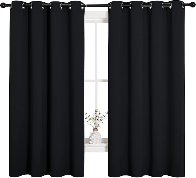 NICETOWN Bathroom Blackout Curtains and Drapes, Black Solid Thermal Insulated Grommet Blackout Drapery Panels for Window (2 Panels, 55 inches Wide by 68 inches Long, Black) by NICETOWN