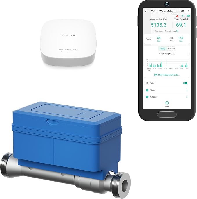 NSF Certified YoLink FlowSmart All-in-One Smart Water Meter & Auto Shutoff for 1" Pipes, LoRa Long-Range, Real-Time Leak Detection, 10-Year Battery, 80+ Device Ecosystem, Hub Included – YS5018 by YoLink