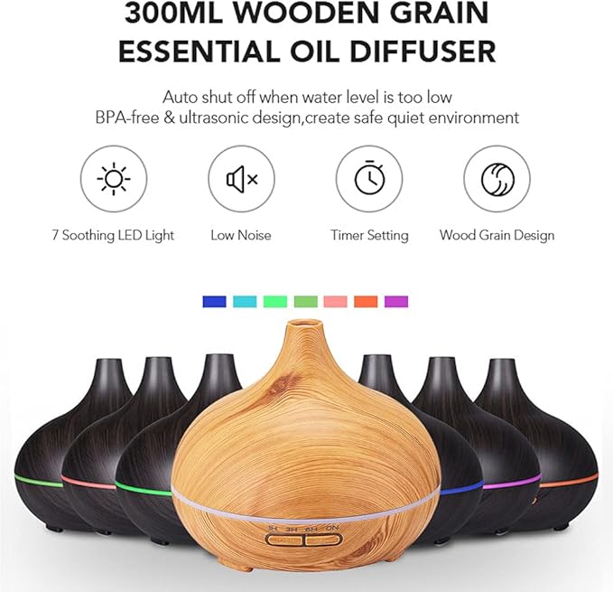 Wood Grain Aroma Diffuser 300 ml Light Yellow, U-MATE, Essential Oils, Ultrasonic Cool Mist Humidifier, 7 Colors Light and 4 Timing, for Office Home Study Yoga Spa - Image 3