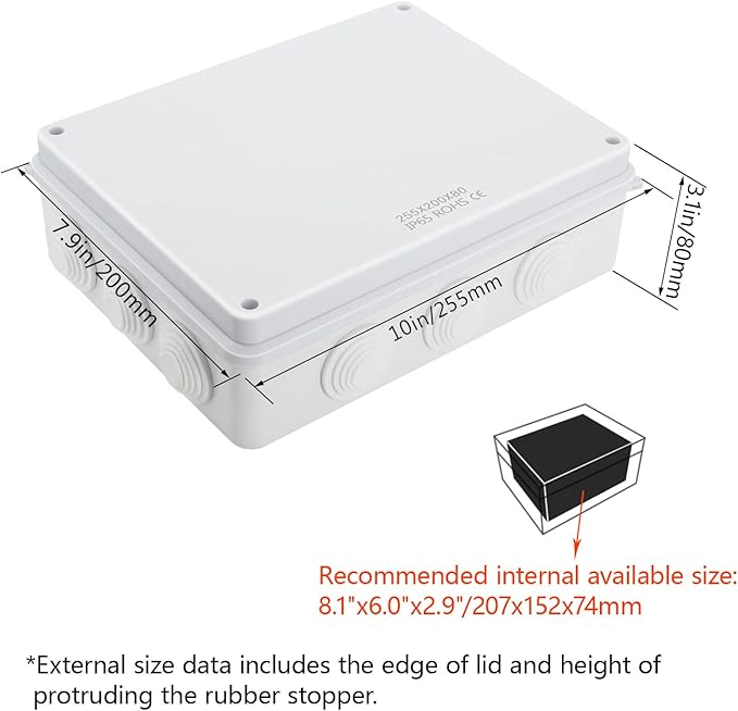 LeMotech Junction Box, ABS Plastic IP65 Waterproof and Dustproof, Universal Electrical Enclosure, Outdoor and Indoor Project Box 10 x 7.9 x 3.1 inch (255 x 200 x 80 mm) - Image 2