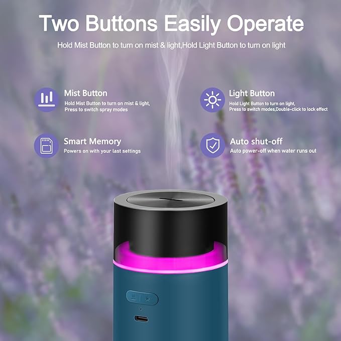 HODEMI Portable Smart Essential Oil Diffuser,Cold Mist Car Air Freshener Aromatherapy Diffuser with 10 LED Lights,Built-in Battery,Auto On/Off,4/8 Timer Modes,for Home Office and Travel (Blue) - Image 5