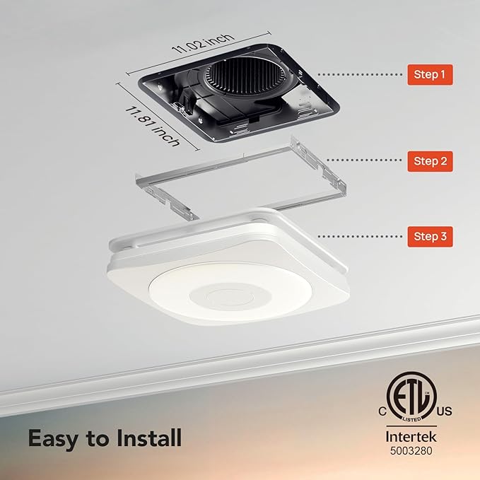 OREiN 3-in-1 Bathroom Exhaust Fan with LED Light & Humidity Sensor, 160 CFM, Auto-On at 60% Humidity, 1500LM, 3000K/4000K/5000K, Night Light, ETL & FCC Certified, Ceiling Opening Size 11.81''x11.02'' - Image 8