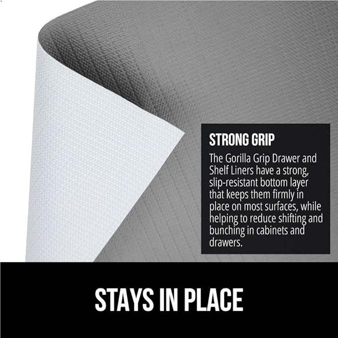 GORILLA GRIP DripGuard Shelf Liner, Non-Adhesive Drawer and Kitchen Cabinet Protector, Strong Grip Slip Resistant Underside, Smooth Surface Liners for Cabinets, Bathrooms, Closets, 12x240 Inch, Gray - Image 3