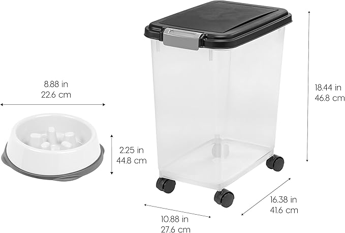 IRIS USA Airtight Dog Food Storage Container with 2-Cup Scoop and Slow Feeder Bowl Combo, Up to 30 lbs Pet Food Bin with Attachable Wheels, Anti-Slip Short Snouted Bowl, Easy to Clean, BPA Free, Black - Image 3