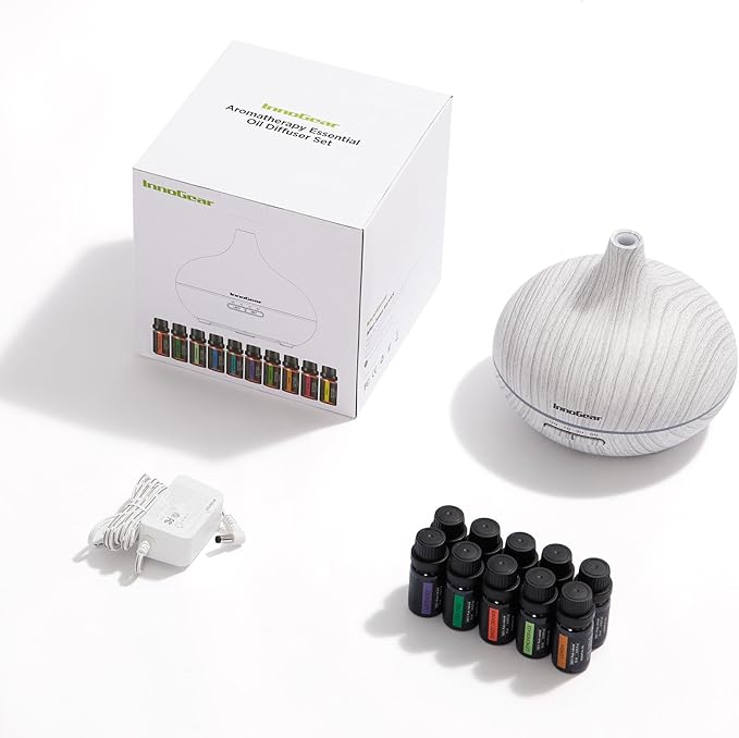 InnoGear Aromatherapy Diffuser & 10 Essential Oils Set, 400ml Diffuser Ultrasonic Diffuser Cool Mist Humidifier with 4 Timers 7 Colors Light Waterless Auto Off for Large Room Office, White Grey - Image 7
