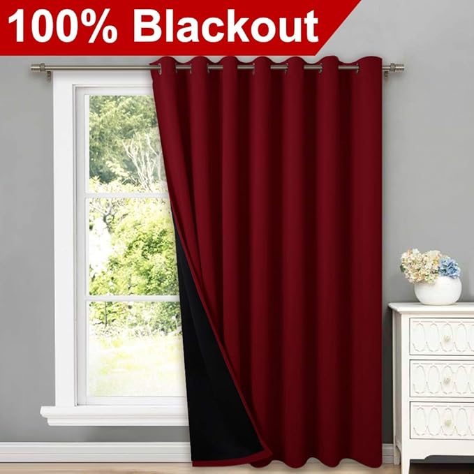 NICETOWN Thermal Insulated 100% Blackout Drape, Noise Reducing Performance Slider Curtain Panel with Black Lining, Full Light Blocking Patio Door Drapery (Burgundy Red, 1 PC, 100 inches x 95 inches) - Image 2