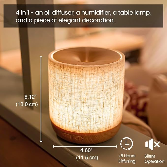 Essential Oil Diffuser 200ml with Fabric Cover and Night Lamp | Ultrasonic Aroma Diffuser | Humidifier w Lights | Room Decor | Small Humidifier for Bedroom | Gift (Light Brown) - Image 3