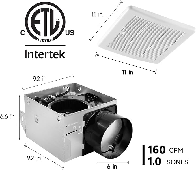 Tech Drive Bathroom Fan - 160 CFM, 1.0 Sone, No Attic Access Needed, 6-Inch Duct Very Quiet Ventilation Exhaust Fan with Humidity Sensor, Easy to Install Ceiling Mounted, White - Image 3