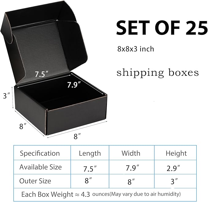 Small Shipping Boxes 8x8x3 Inch (25 Pack) - Sturdy Black Corrugated Cardboard Boxes for Small Business, Ecommerce, Mailing & Packaging | Recyclable Gift & Storage Boxes - Image 2