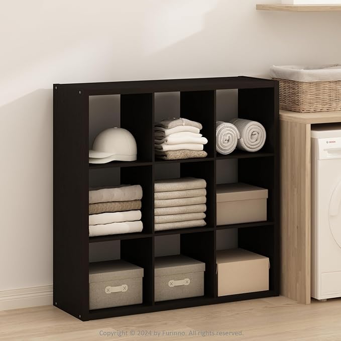 Furinno Simple Cube Storage Organizer, 9-Cube Display Shelf, Open Back Shelving Unit, Storage Shelves, Extra Thick Frame, for Organization and Storage, Living Room, Home Office, Dark Oak - Image 2