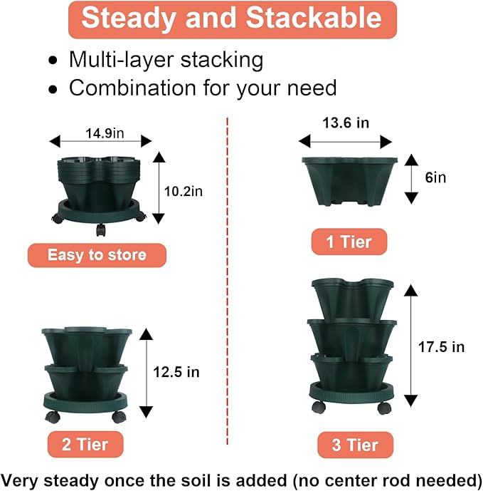 GameXcel Vertical Planter 3 Tier Stackable Planters Garden Planters Strawberry Herb Flower and Vegetable Planter Indoor Outdoor Gardening Pots with Removable Wheels and Tools - Image 7