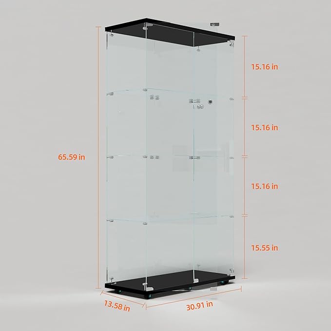 Yoluckea 4 Tiers Glass Display Cabinet with Bluetooth LED Light Strip, 2 Doors Floor Standing Curio Cabinet with Universal Wheel for Home Office Display, Black Glass Bookshelf for Collections,Wood Top - Image 2