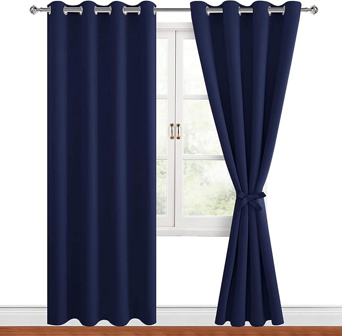 Hiasan Blackout Curtains for Bedroom, 52 x 84 Inches Long - Thermal Insulated & Light Blocking Window Curtains for Living Room, 2 Drape Panels Sewn with Tiebacks, Navy Blue by Hiasan