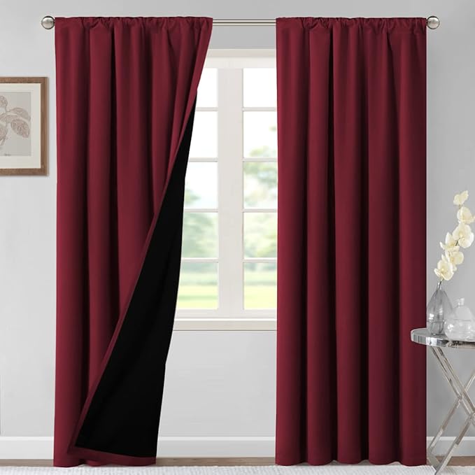 H.VERSAILTEX 100% Blackout Curtains for Bedroom Thermal Insulated Blackout Curtains 84 Inches Long Rod Pocket Window Drapes for Living Room with Black Liner 2 Panels Set, Burgundy by HVERSAILTEX
