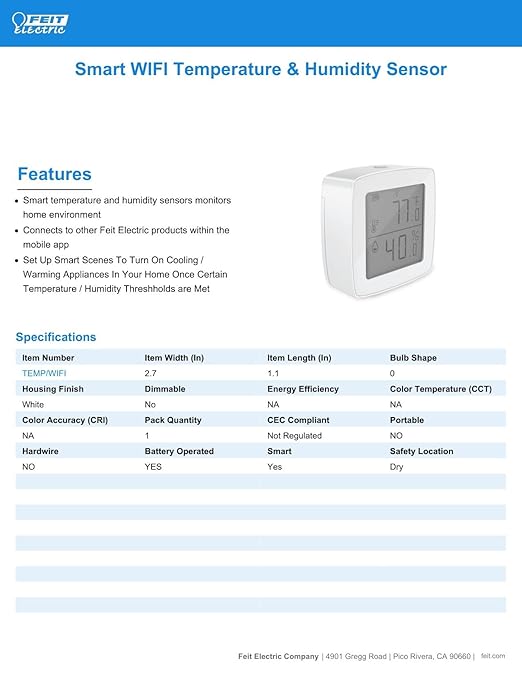 Feit Electric Smart Indoor WiFi Temperature and Humidity Sensor for Precision Environment Control, Wireless, Digital Remote App Control, Get Notification Alerts and No Hub Required - Temp/WiFi - Image 2