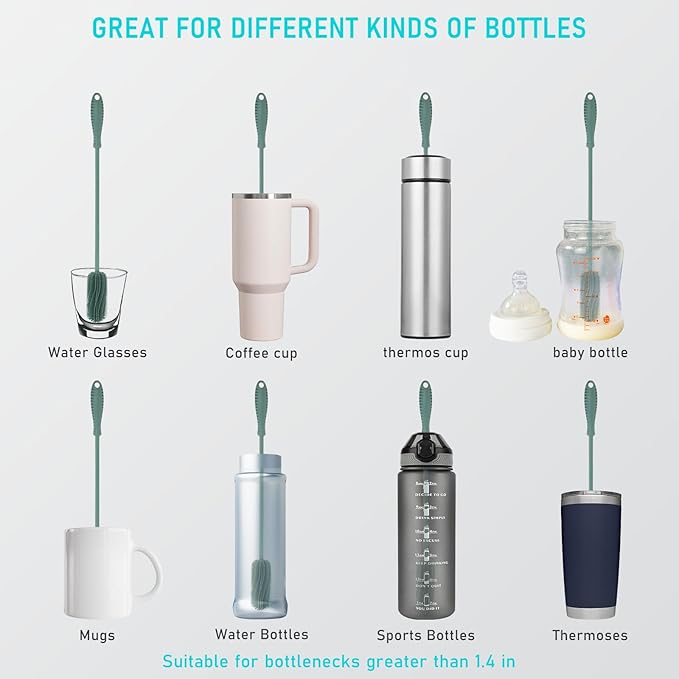 15.7" Silicone Bottle Brush, ddLUCK Water Bottle Cleaner Brush for Stanley, Hydroflasks, Glass, Thermos Sports Bottle, Vase and Glassware, Bottle Brush Cleaner for Small Narrow Neck Containers (Green) - Image 2