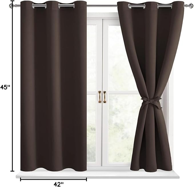 Hiasan Short Blackout Curtains for Bedroom - Thermal Insulated & Light Blocking Window Curtains for Living Room, 2 Drape Panels Sewn with Tiebacks, Brown, 42 x 45 Inch - Image 7