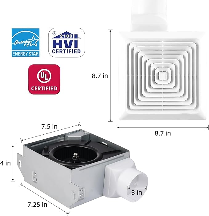 Bathroom Exhaust Fan 50 CFM 1.0 Sone, 3-Inch Duct, Quiet,Energy Star Certified, Easy to Install, No Attic Access Needed,Ceiling or Wall Mounted, Classic White Grille - Image 3