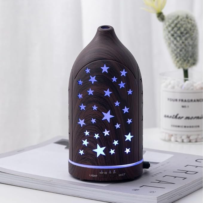 Aromatherapy Diffusers,7.1''x3.5''Diffuser with 3 Essential Oil Set,Small 200ml Office Desk Humidifier with 7 LED Colors Night Lights,Waterless Auto-Off for Home Decor Gift (Star Dark Wood Grain) - Image 5