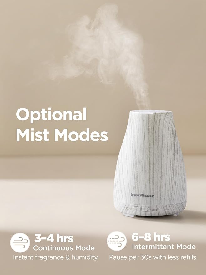 InnoGear Essential Oil Diffuser, Ultrasonic Diffusers for Home Aromatherapy Humidifier for Bedroom Room 7 Colors LED 2 Mist Mode Auto Off, White Grey - Image 3