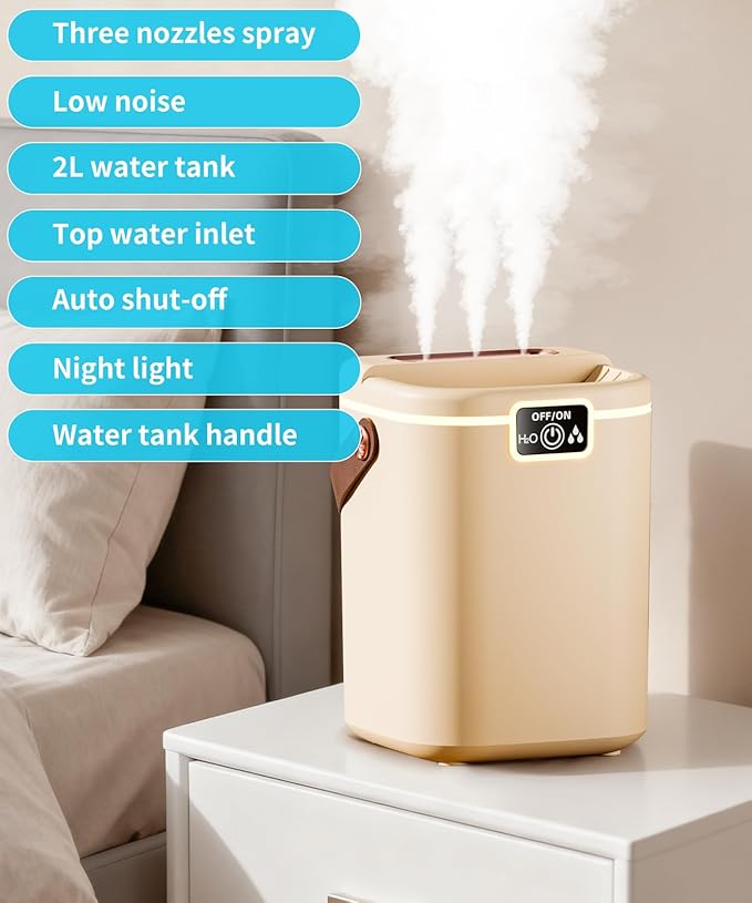Air Humidifier for Bedroom with Three Spray, 2L Quiet Cool Mist Humidifier for Plants Dorm Room Office Home Car Personal Humidificador with Top Water Inlet & 4 Mist Modes & Night Light - Image 2