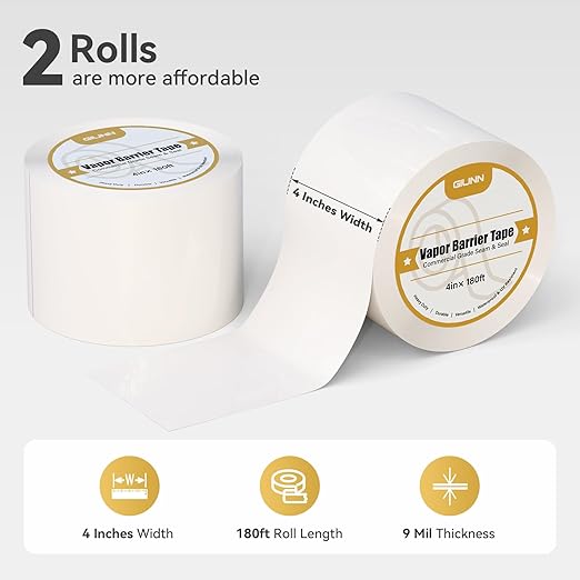 Vapor Barrier Tape 2 Rolls, 4" Wide x 180' Long Moisture Barrier Tape, 9 mil White polyethylene Tape, Moisture Sealing and Seams for Crawl Spaces, Vapor barriers, Marine, Insulation - Image 2