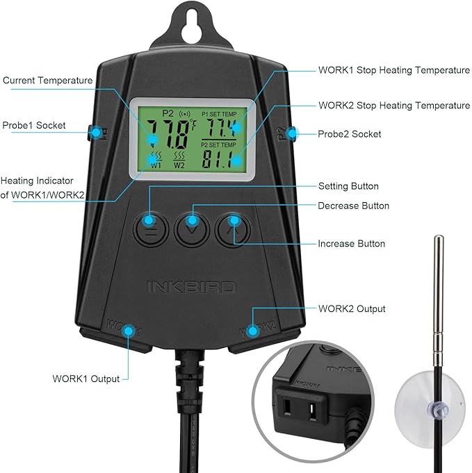 Inkbird WiFi Heat Mat Reptile Thermostat Controller Temperature Controller with 2 Probes and 2 Outlets, IPT-2CH Reptiles Heat Mat Thermostat (Max 250W per Outlet) - Image 2