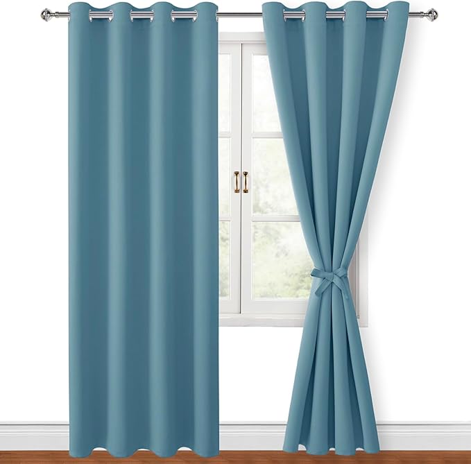 Hiasan Blackout Curtains for Bedroom, 52 x 84 Inches Long - Thermal Insulated & Light Blocking Window Curtains for Living Room, 2 Drape Panels Sewn with Tiebacks, Stone Blue by Hiasan