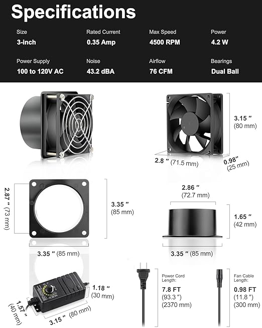 GDSTIME 3 Inch Solder Fume Smoke Extractor Fan with Speed Controller, 80mm Small Axial Exhaust 12V Computer Fan with 110V 120V AC Plug for Soldering, 3D Printer Enclosure, DIY Workstation - Image 6