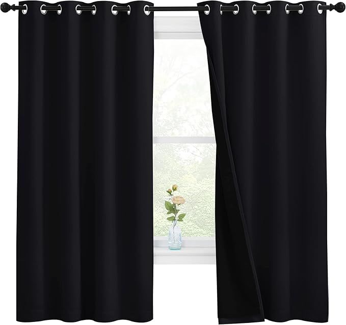 NICETOWN 100% Blackout Curtains with Black Liners, Thermal Insulated Full Blackout 2-Layer Lined Drapes, Energy Efficiency Window Draperies for Bedroom (Black, 2 Panels, 55-inch W by 68-inch L) by NICETOWN