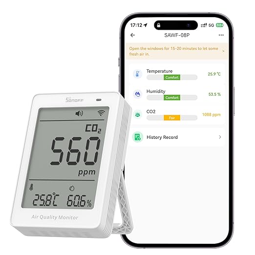 SONOFF AirGuard CO2, Smart Indoor Air Quality Monitor, Matter Compatible, 2.4GHz WiFi, Carbon Dioxide Detector for CO2/Temp/Humidity, Real-Time Display & Alarm, for Bedroom, Nusery Room by SONOFF