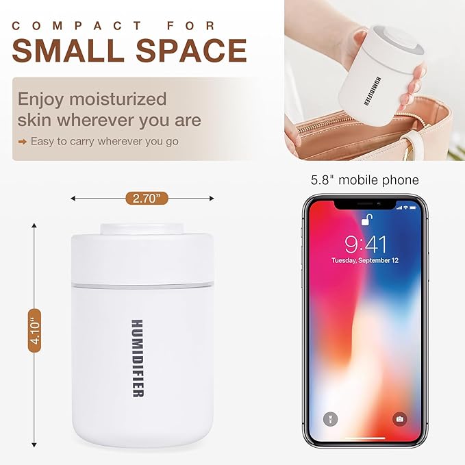 Portable Mini Humidifier, 180ml USB Cool Mist Small Humidifiers for Bedroom, Personal Desktop Humidification for Car Office Travel & Indoor Plants(White Grey) - Image 2