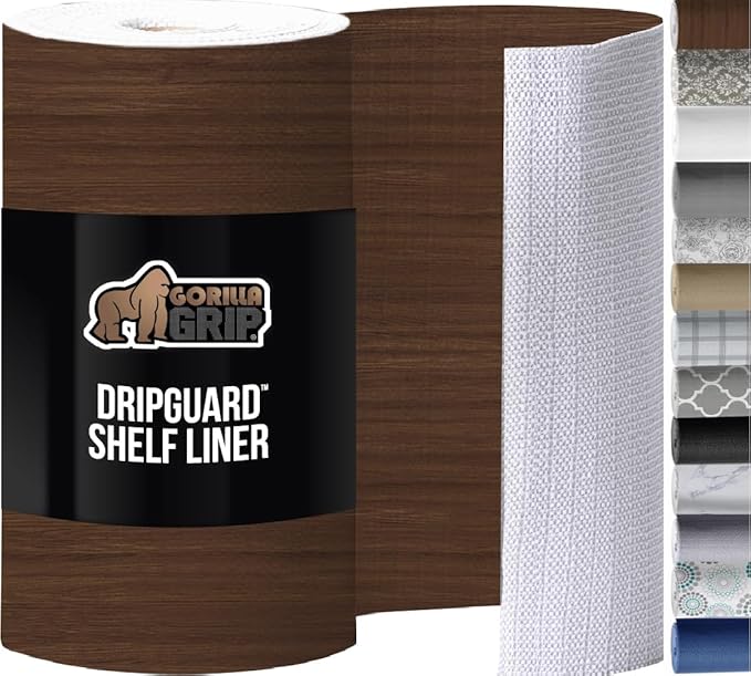 GORILLA GRIP DripGuard Shelf Liner, Non-Adhesive Drawer and Kitchen Cabinet Protector, Strong Grip Slip Resistant Underside, Smooth Surface Liners for Cabinets, Bathrooms, Closets, 12x240 Inch, Wood by GorillaGrip