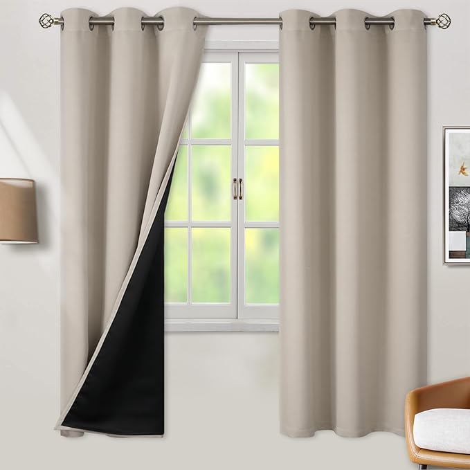 BGment Thermal Insulated 100% Blackout Curtains for Bedroom with Black Liner, Double Layer Full Room Darkening Noise Reducing Grommet Curtain (42 x 72 Inch, Cashmere, 2 Panels) by BGment