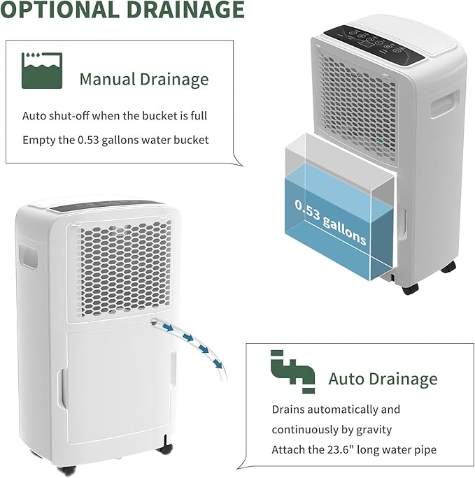Shinco 40 Pints Dehumidifier for Home and Basements, 2000 Sq.Ft Dehumidifiers with Drain Hose, Auto or Manual Drainage, Auto Defrost, Quietly Remove Moisture, Intelligent Humidity Control, 24HR Timer - Image 4