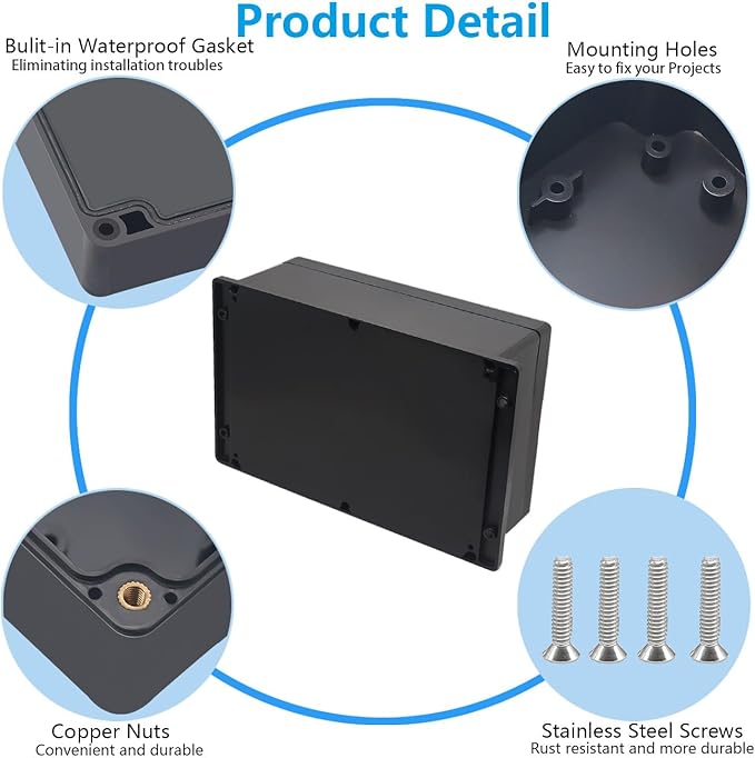 Outdoor Waterproof Junction Box IP67 Project Box ABS Black Electrical Boxes Electronic Enclsoure with Mounting Ear for DIY Project 10.4 x 7.2 x 3.7 inch (263x182x95mm) - Image 6