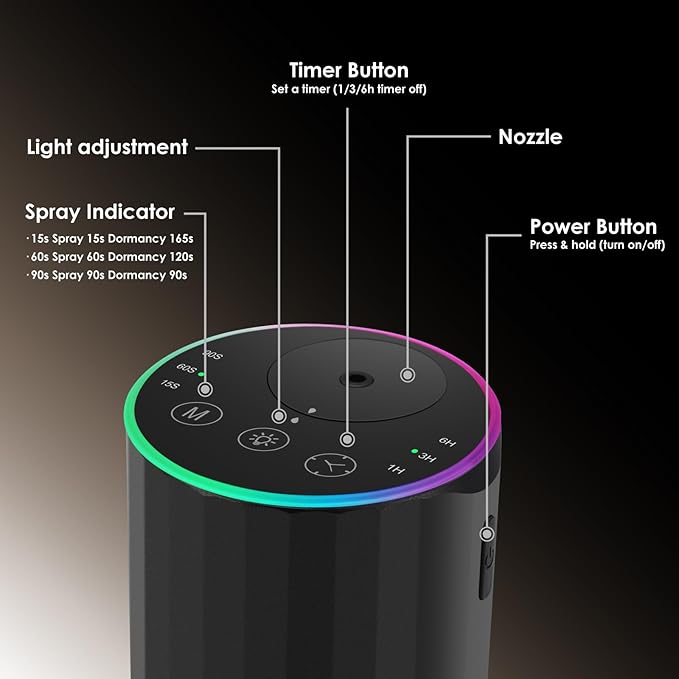 Waterless Essential Oil Diffuser, 7 Colors LED Light, Battery Powered Mini Scent Air Machine, Aromatherapy Mist Diffuser for Home Room Car Office，Black Aluminum Alloy - Image 6
