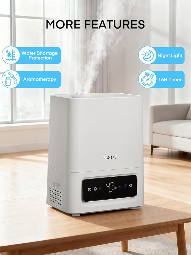 FOHERE 6L Humidifiers for Bedroom, 60H Cool Mist Humidifier for Large Room, 28dB Ultra-Quiet Runtime for Baby, Indoor, Plants, Smart Humidity Sensor, 16H Timer, Night Light, Oil Diffuser, White - Image 6