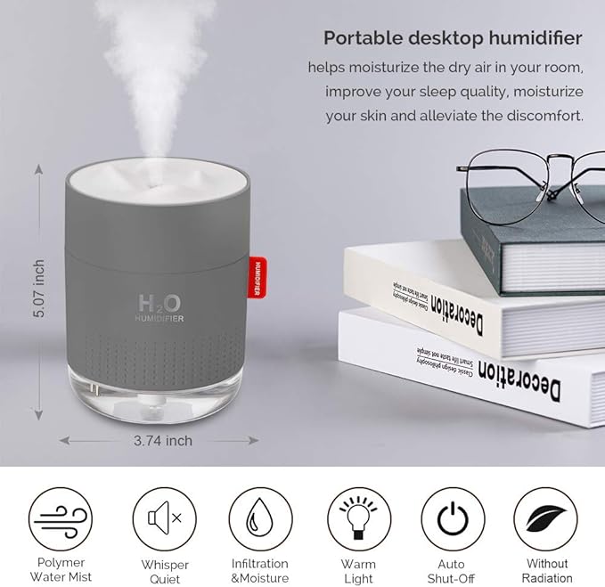Portable Mini Cool Mist Humidifier, 500ml USB Personal Desktop Humidifier for Baby Bedroom Travel Office Home, Auto Shut-Off, 2 Mist Modes, Super Quiet, Gray - Image 2